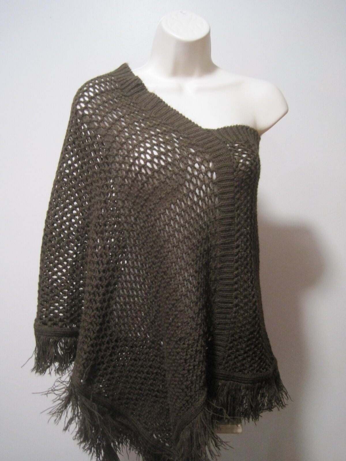 Zinc Women's Large Brown Crossover Shawl Sweater Wraps Knit Poncho Fringe Trim
