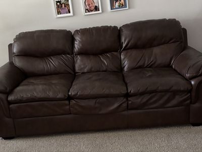 Spacious Dark Brown Leather Couch - 3 Seater Sofa with Plush Cushions
