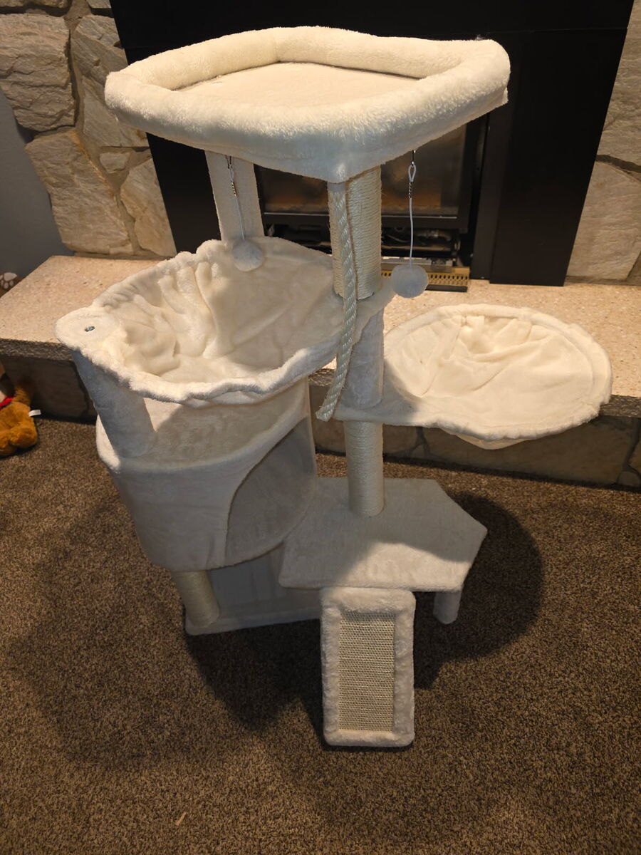 Three Layer Cat Tree with Cat Condo Scratch Pad and Two Hammocks,Beige