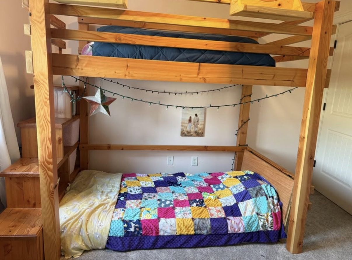 Wooden Loft Bed with Integrated Staircase Shelves and Built-in Desk