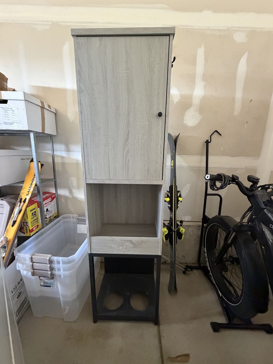 Rustic Grey Wood and Black Metal Pet Feeder Storage Cabinet with Hooks