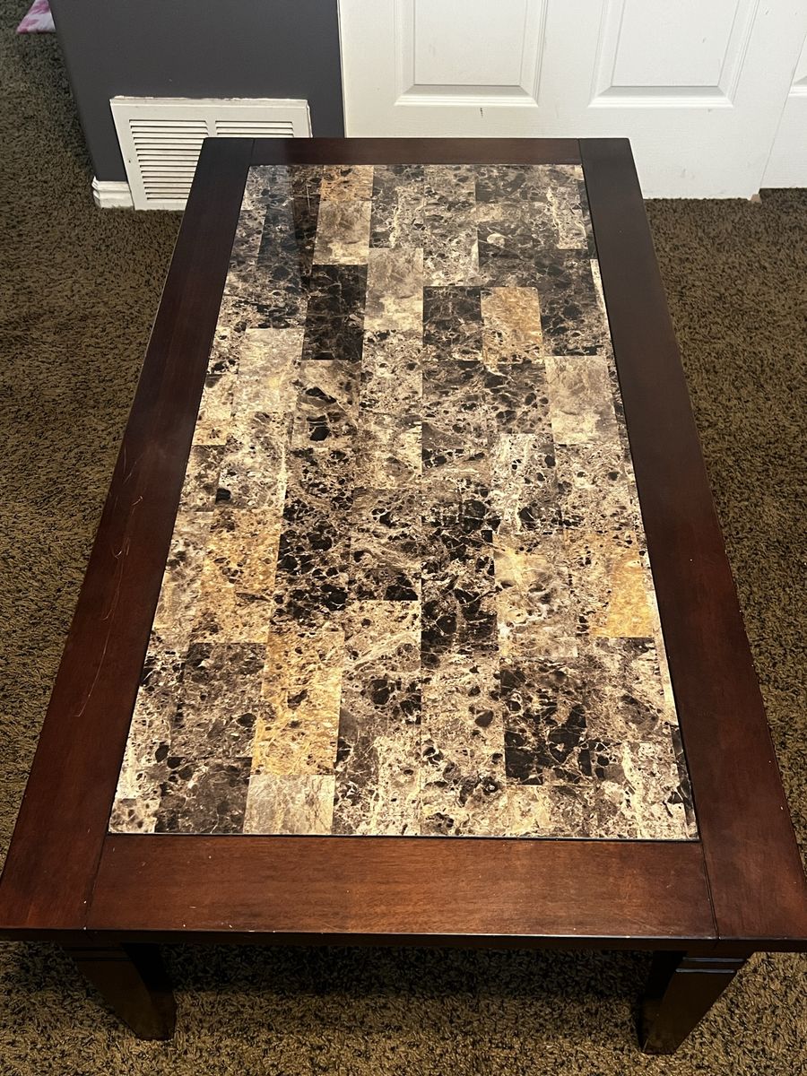 Dark Wood Coffee Table with Marble Tile Top and 2 End tables to match