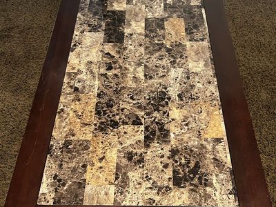 Dark Wood Coffee Table with Marble Tile Top and 2 End tables to match