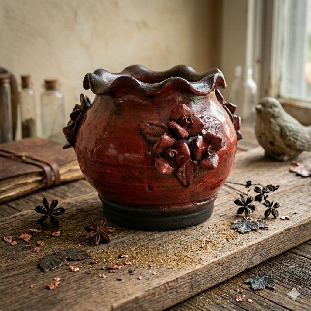 Vintage Red Floral Planter Vase with Scalloped Rim