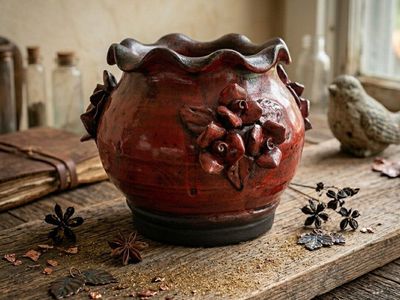 Vintage Red Floral Planter Vase with Scalloped Rim