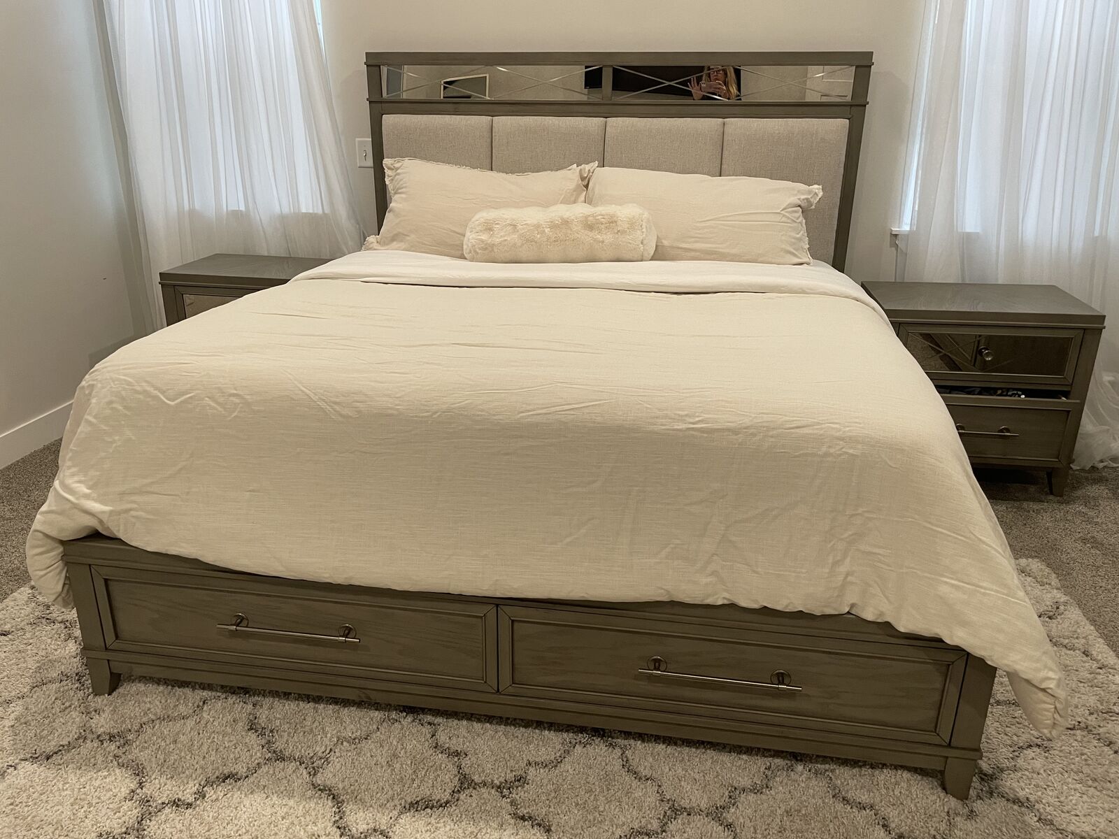 Bedroom set - King bed frame, 2 nightstands, dresser w/attached mirror