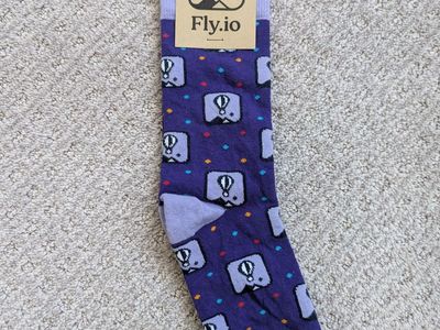Fly.io branded Sock Club purple hot air balloon mens dress socks