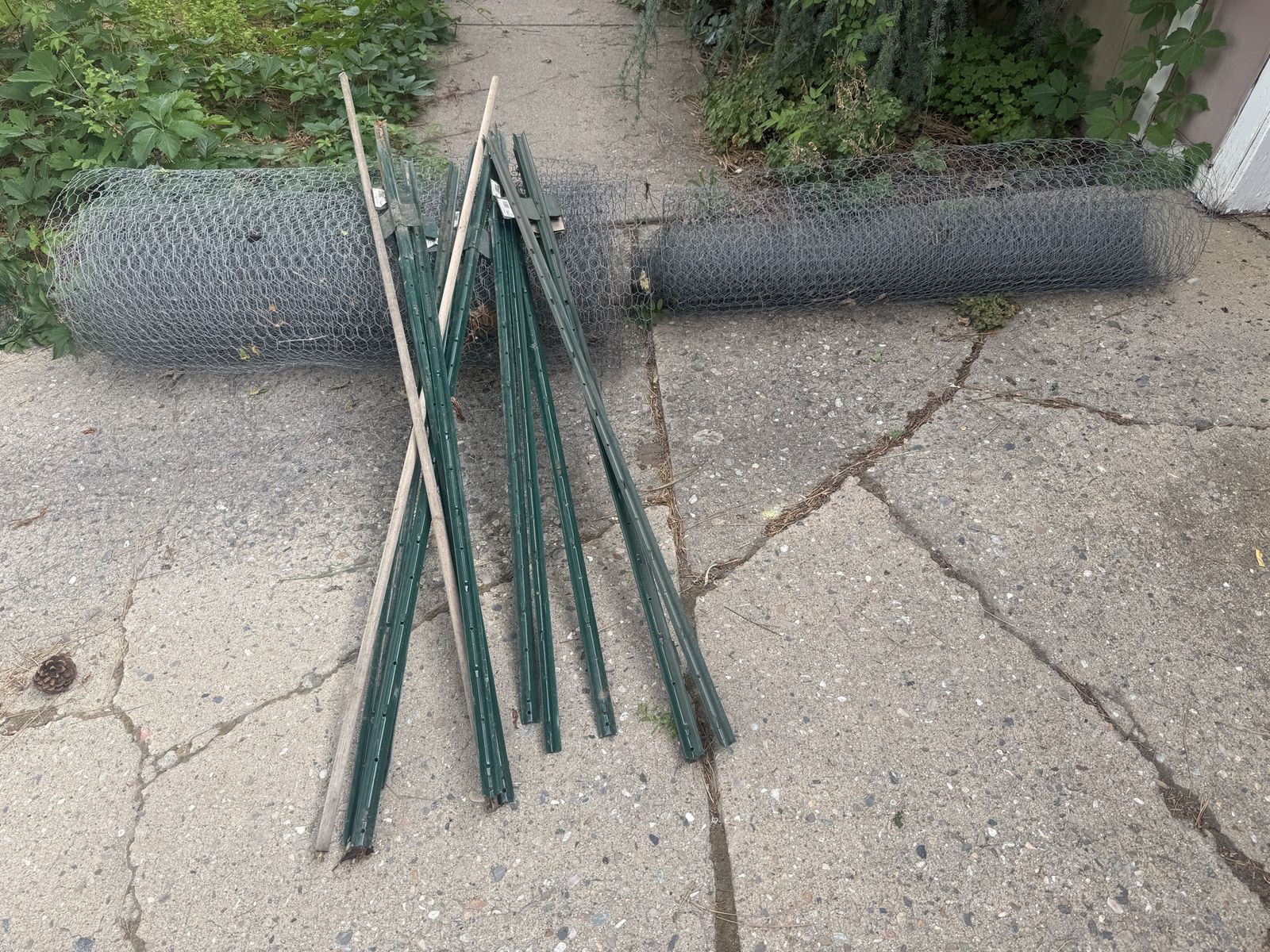 Used Chicken Wire Roll with Green Metal Fence Posts - Garden Fencing & Support