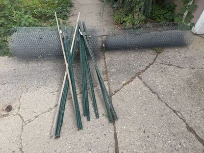 Used Chicken Wire Roll with Green Metal Fence Posts - Garden Fencing & Support