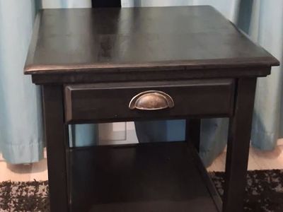 Black Wooden End Table with Drawer & Shelf