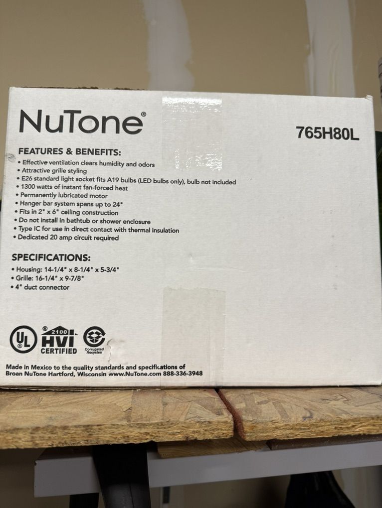 NuTone exhaust fan/light/heater combo