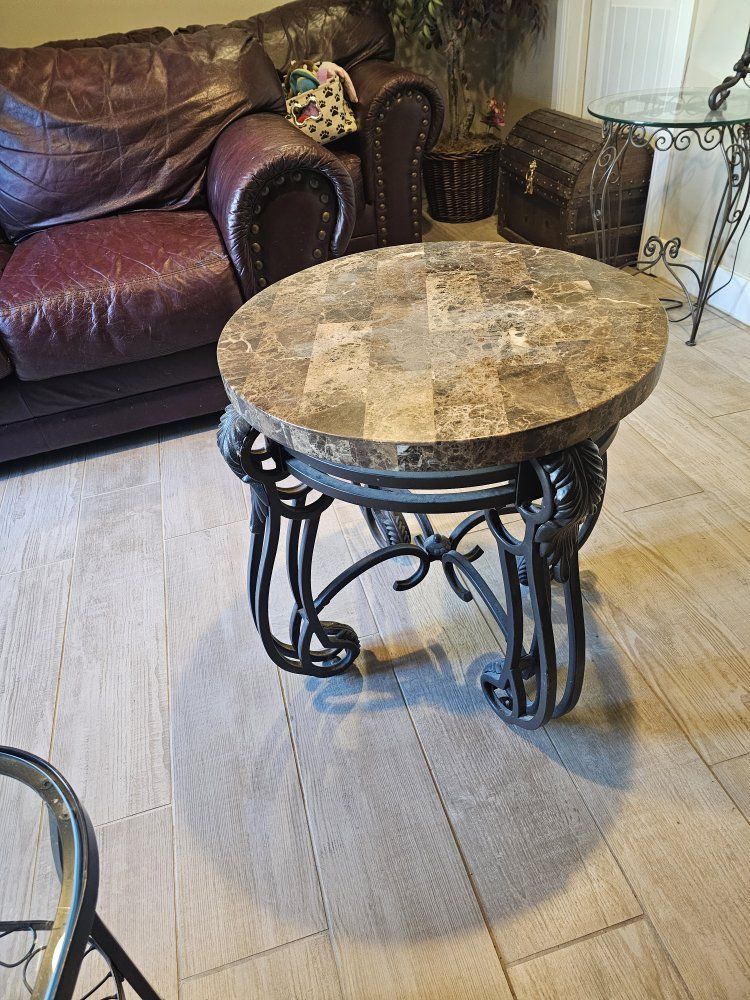 Round Marble Top & Wrought Iron End Table - Ornate Design, Espresso Finish