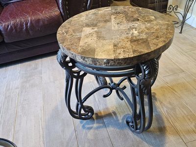 Round Marble Top & Wrought Iron End Table - Ornate Design, Espresso Finish