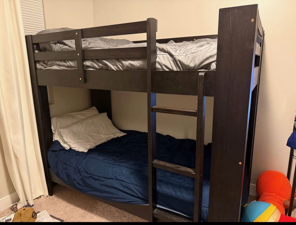 Dark Wood Twin Bunk Bed with Ladder - Like New Condition