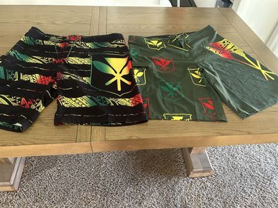 2 Men's Rasta Hawaiian Print Board Shorts - Black & Green Set, Size 2XL Polyester Spandex Blend