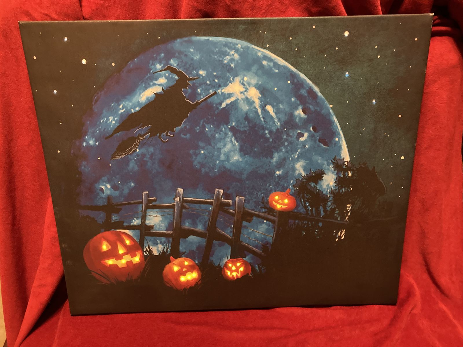 Dark Full Moon Silhouette Witches Night LED Illuminated Canvas Print