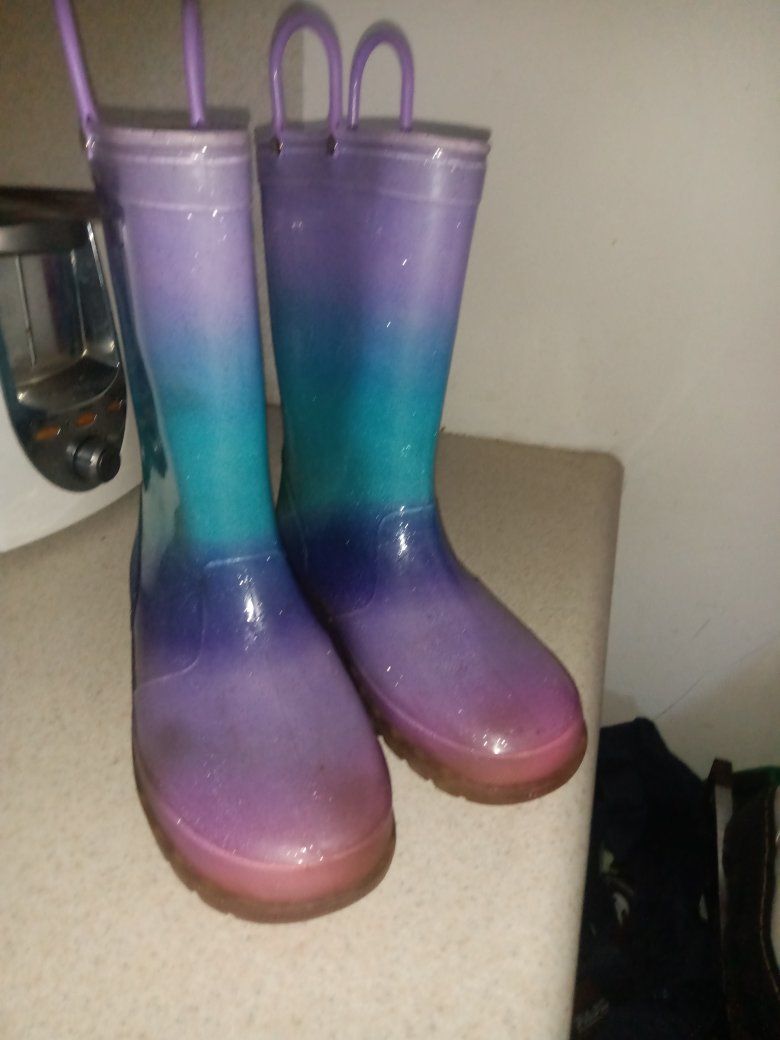 Girls Rainbow Glitter Rain Boots Size Youth 8