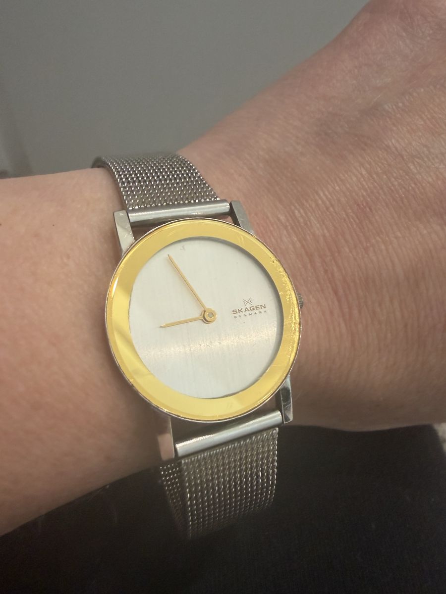 Skagen Denmark Women's Silver Mesh Band Watch with Gold Bezel