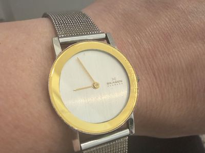 Skagen Denmark Women's Silver Mesh Band Watch with Gold Bezel
