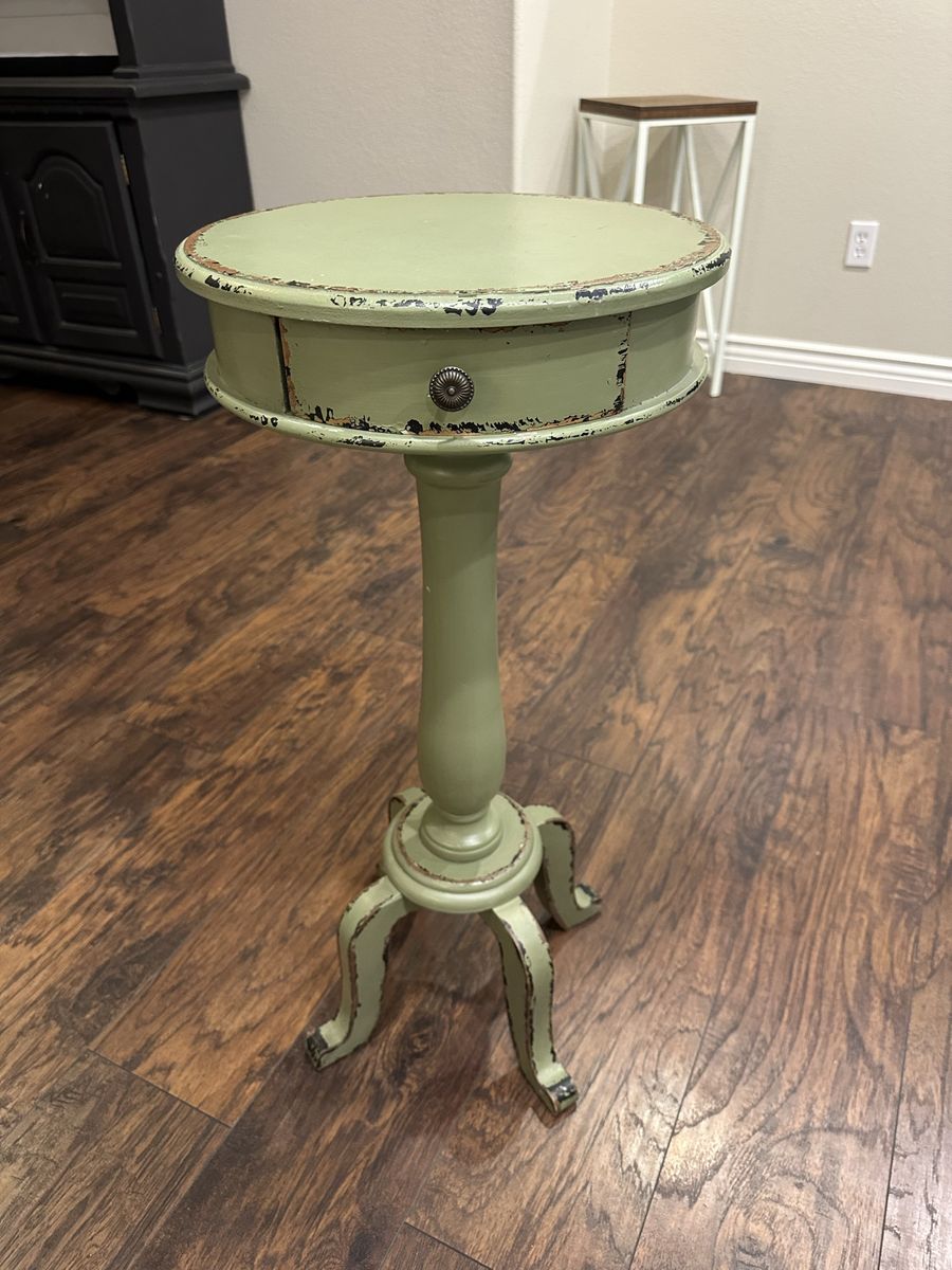 Distressed Sage Green Pedestal End Table with Drawer - Rustic Shabby Chic Accent Furniture