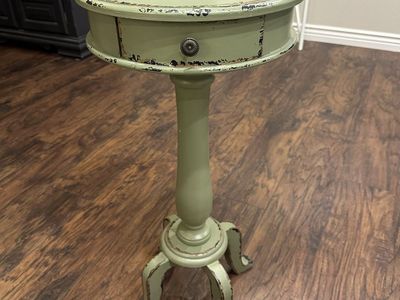 Distressed Sage Green Pedestal End Table with Drawer - Rustic Shabby Chic Accent Furniture