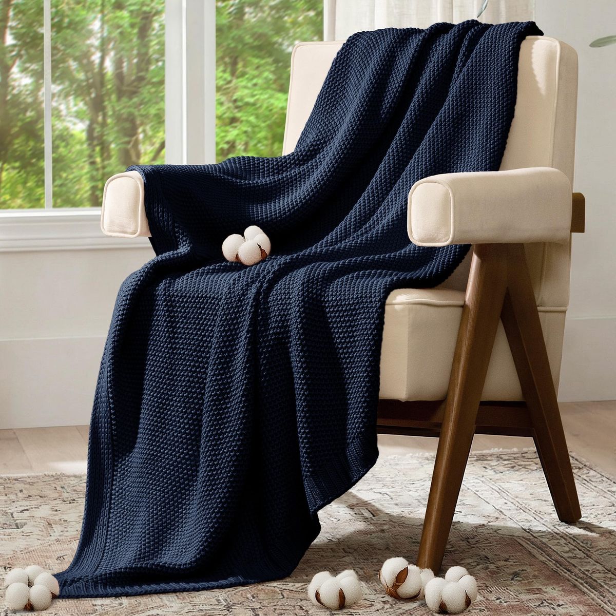100% Cotton Knit Blanket - Soft, Breathable, Naturally Comfortable - Navy Blue Throw