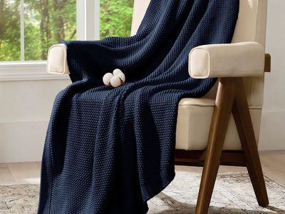 100% Cotton Knit Blanket - Soft, Breathable, Naturally Comfortable - Navy Blue Throw