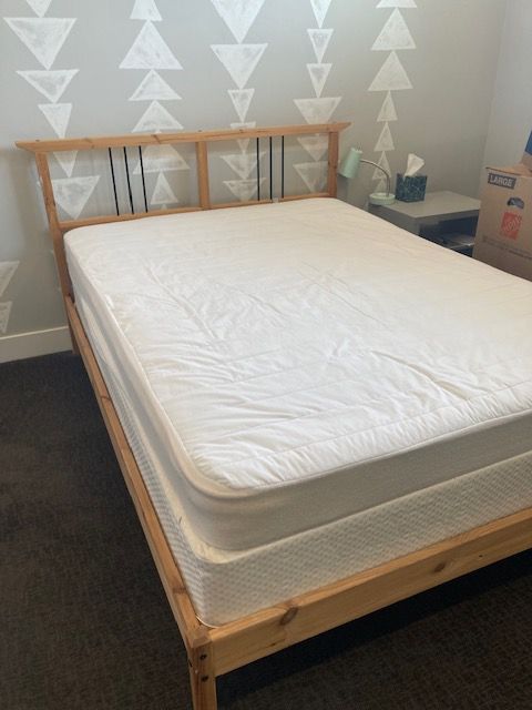 Ikea natural wood FULL size bedframe with boxspring and mattress