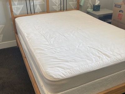 Ikea natural wood FULL size bedframe with boxspring and mattress