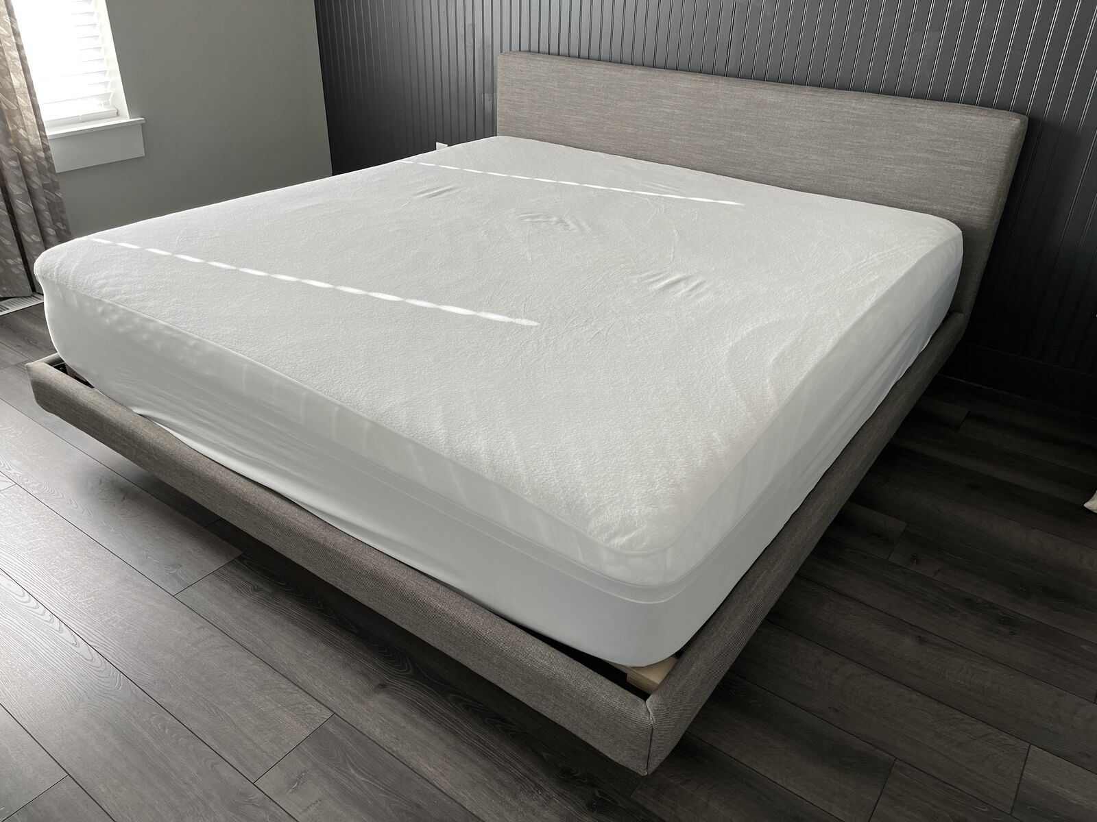 Article Tessu King Low Profile Upholstered Bed, Mattress and Bedding