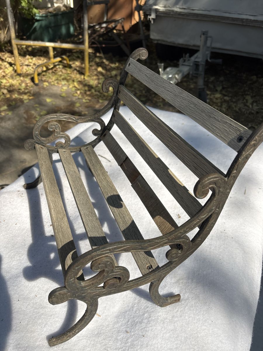 Miniature Park Bench Decor with Metal Frame and Wooden Slats 16 inch long