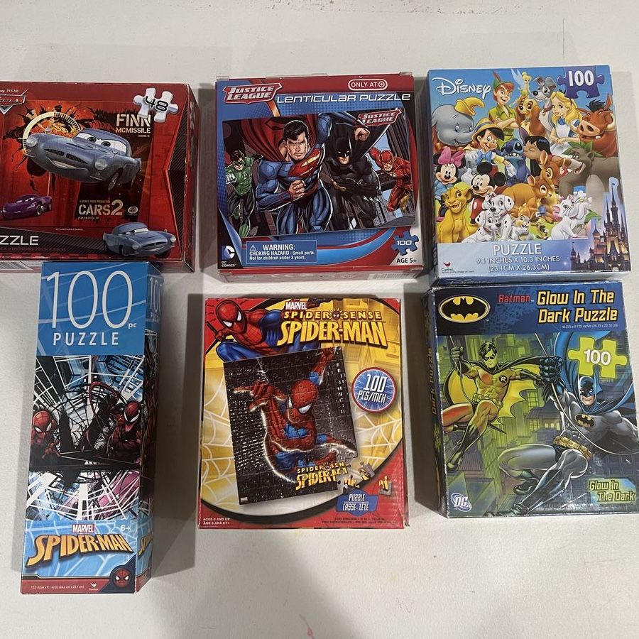 Assorted Kids Puzzles Lot - Spider-Man, Batman, Disney, Cars, Justice League