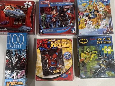 Assorted Kids Puzzles Lot - Spider-Man, Batman, Disney, Cars, Justice League