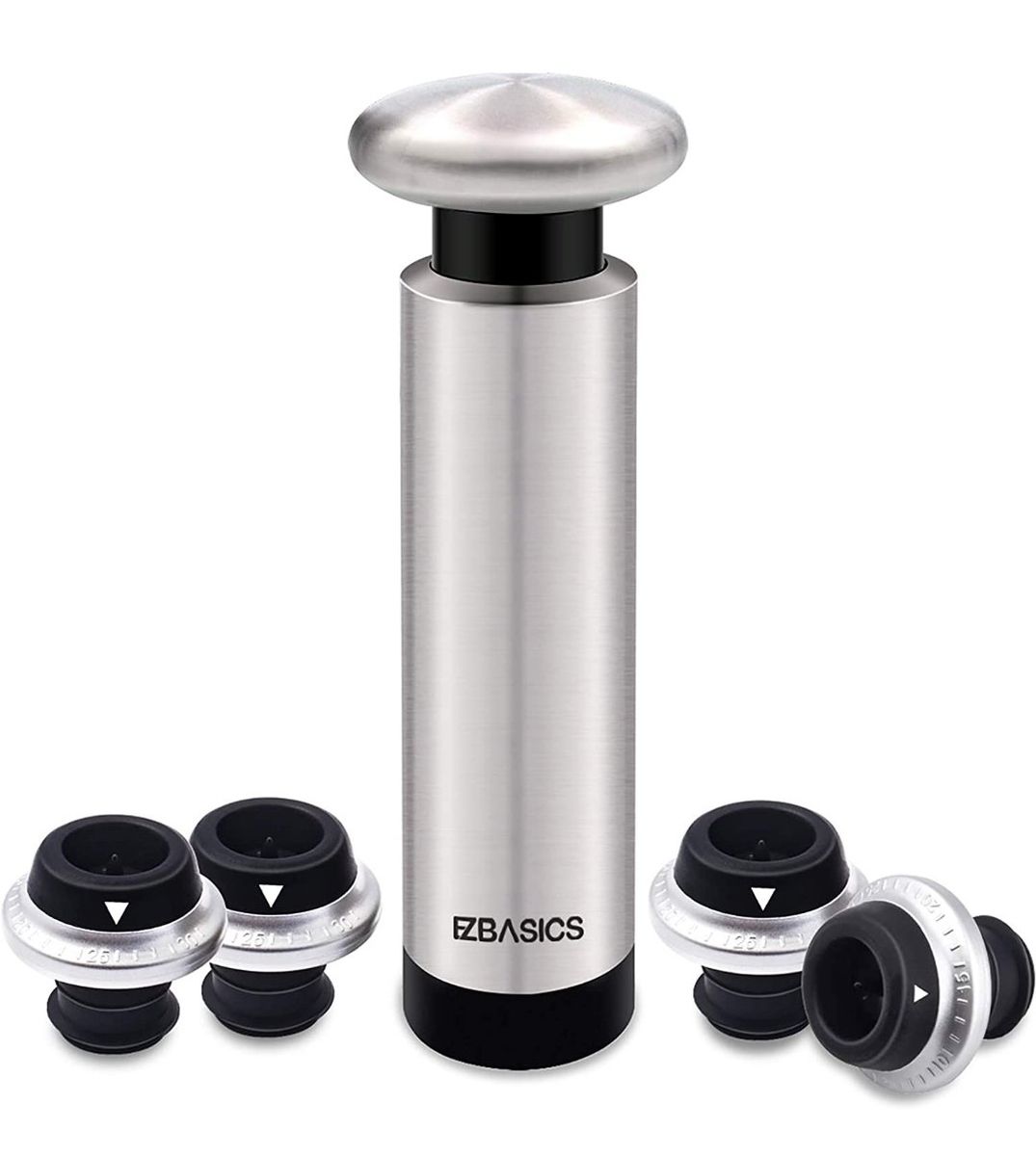 Wine Saver Vacuum Pump with 4 Vacuum Bottle Stoppers, Stainless Steel, Preserves Wine Freshness