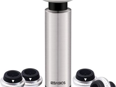 Wine Saver Vacuum Pump with 4 Vacuum Bottle Stoppers, Stainless Steel, Preserves Wine Freshness