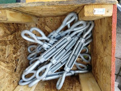 2 hot forged galvanized suspension rod 8 ft l- 14 turn buckles 3/4x 18 in 2 rolls of cable/ wire rope