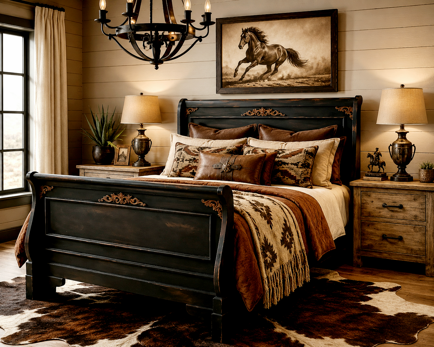 Clara Queen Sleigh Bed Frame Black Western Farmhouse Cottagecore French Cabin