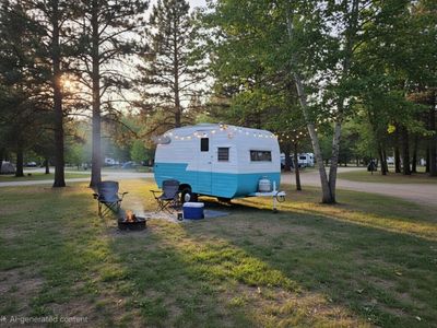 Vintage Deville Travel Trailer - Classic Retro Style with Blue and White Exterior, Original Interior