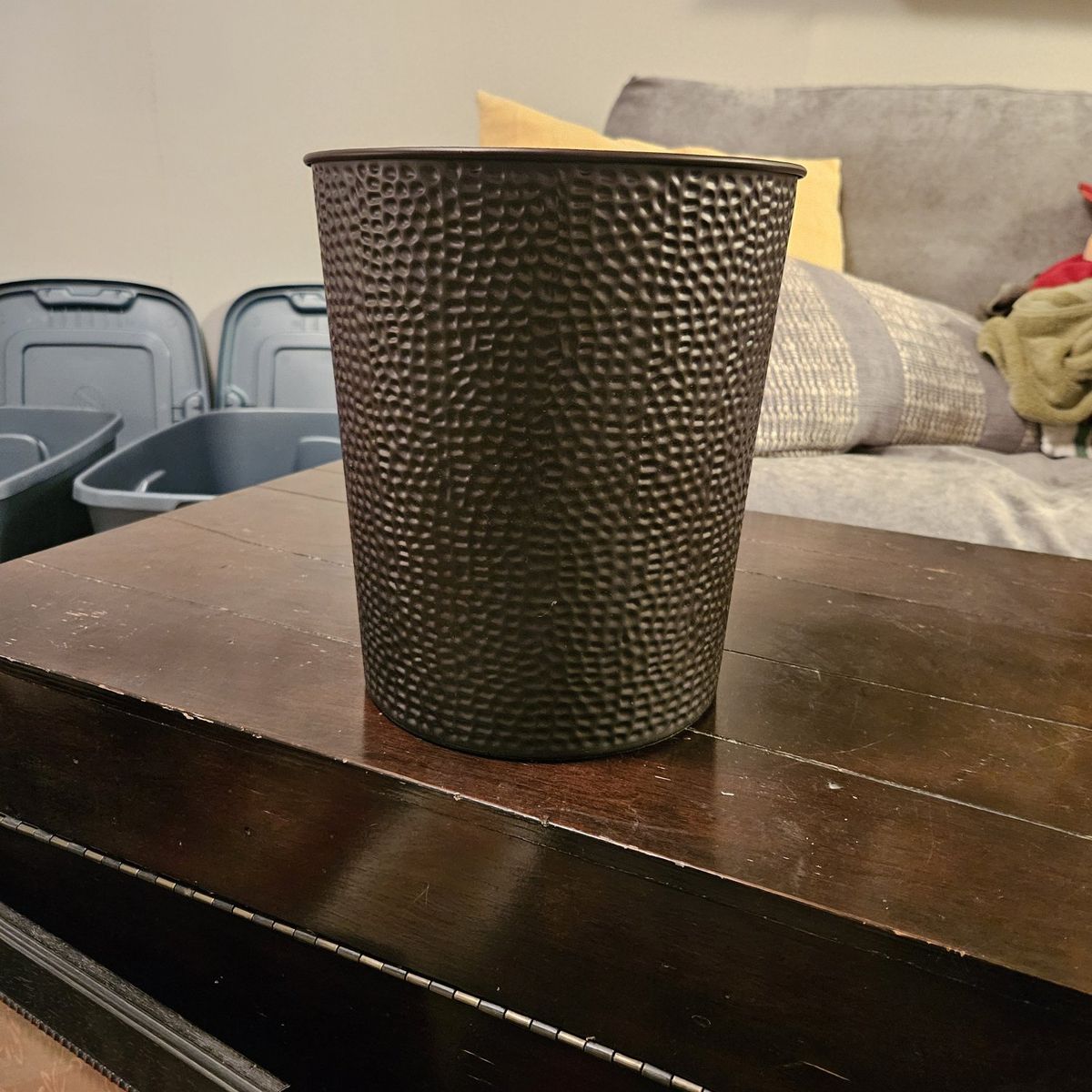 Brown metal, small garbage can