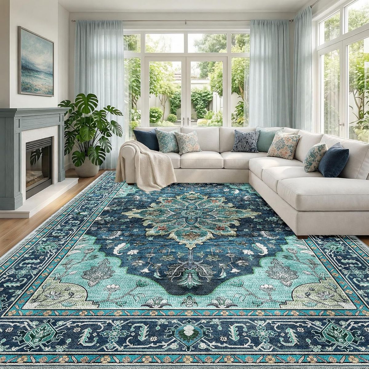 New Area Rugs 9'x12' Washable Non-Slip, Floral Vintage Distress Print Pattern Medallion Carpet