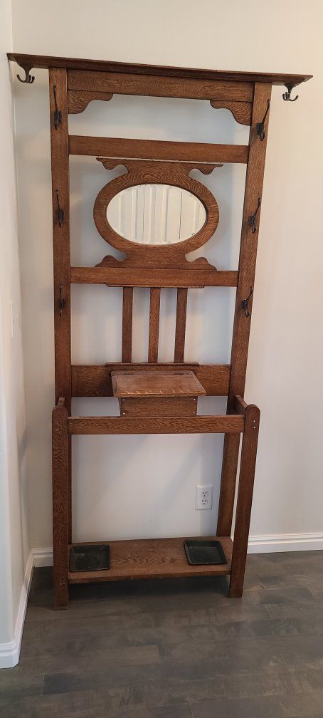 Antique Quarter Sawn Oak Hall Tree with Mirror, Storage Box, and Umbrella Stands
