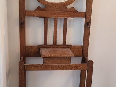 Antique Quarter Sawn Oak Hall Tree with Mirror, Storage Box, and Umbrella Stands