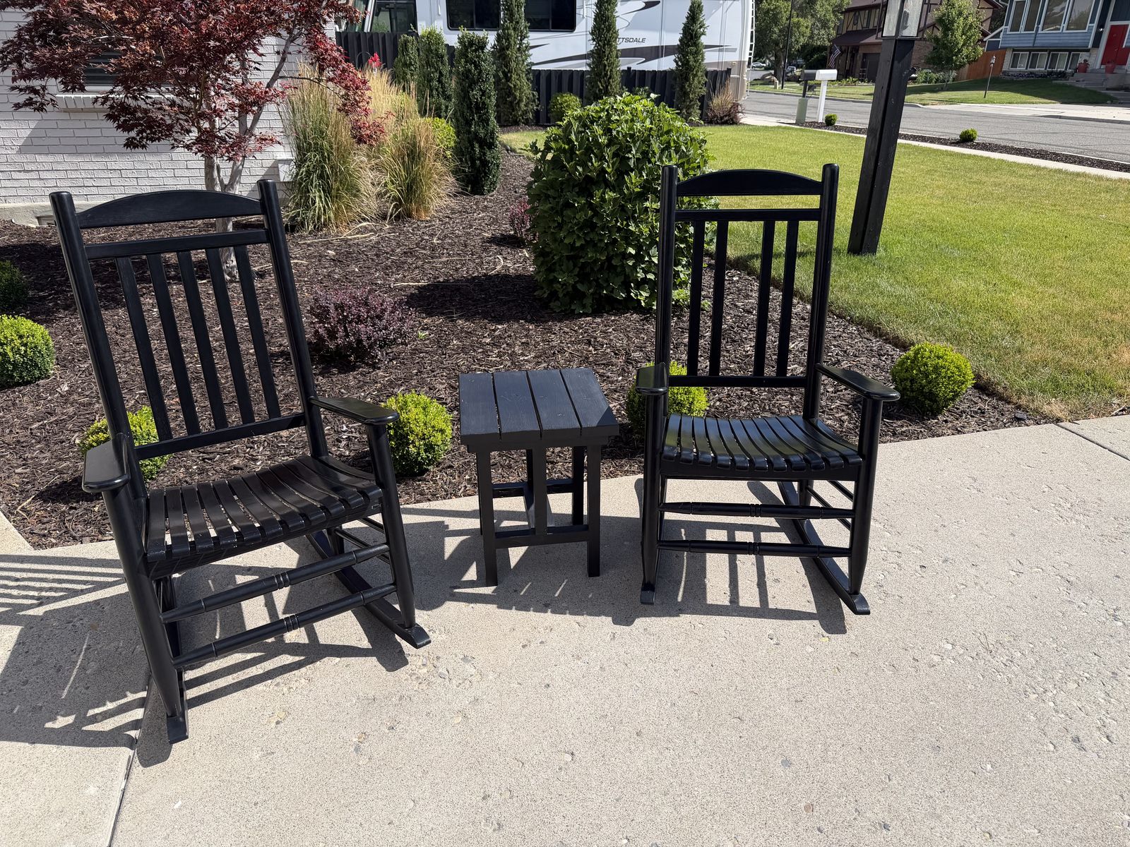 Black Wooden Rocking Chair Set with Side Table - 2 Chairs & 1 Table, Outdoor/Patio Furniture