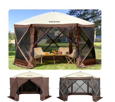 Camping Gazebo Screen Tent, 12ft x 12ft, Brown/Beige 6 Sided Pop-up Canopy, Mesh Windows, Portable Carry Bag & Stakes