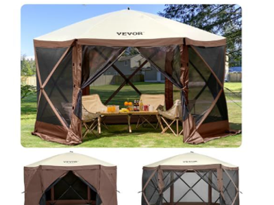 Camping Gazebo Screen Tent, 12ft x 12ft, Brown/Beige 6 Sided Pop-up Canopy, Mesh Windows, Portable Carry Bag & Stakes