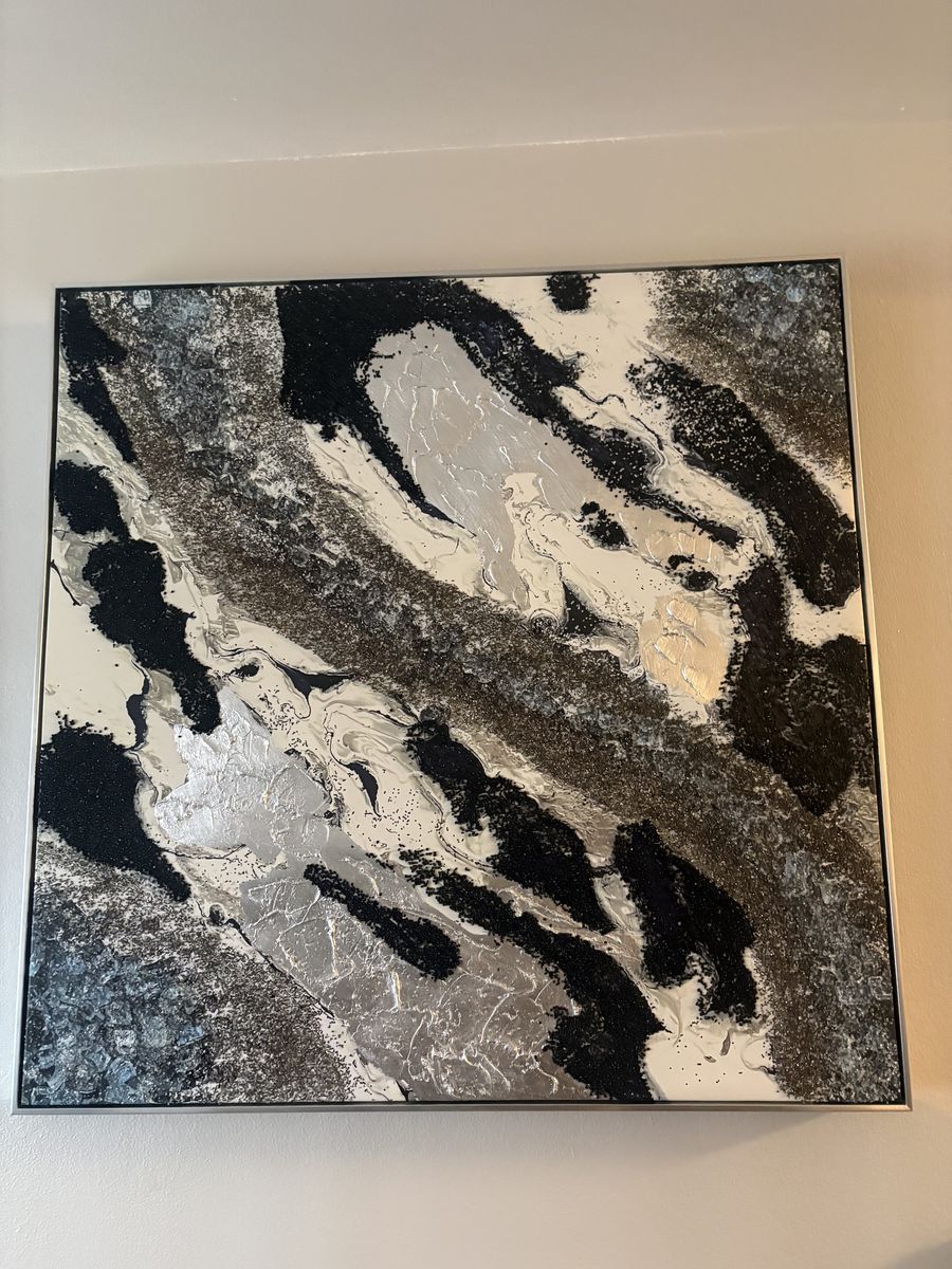 Large Modern Abstract Canvas Wall Art – Black, White & Silver