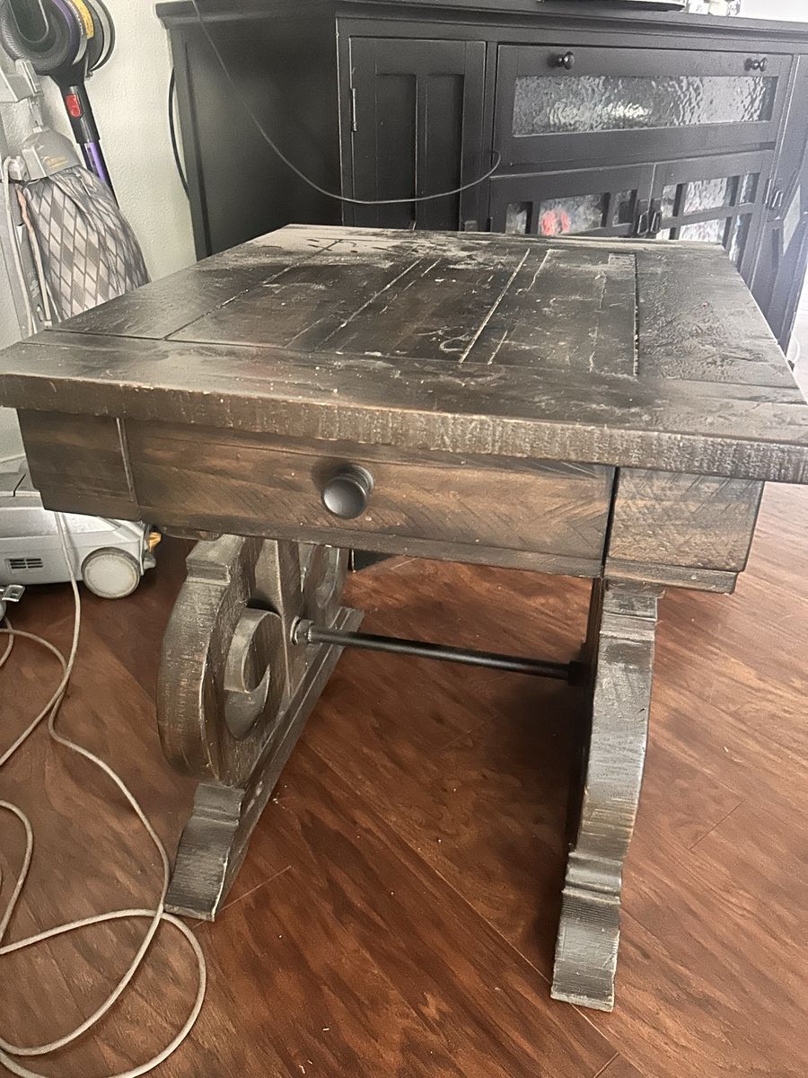 Rustic Dark Wood End Table with Drawer - Farmhouse Style Nightstand/Side Table