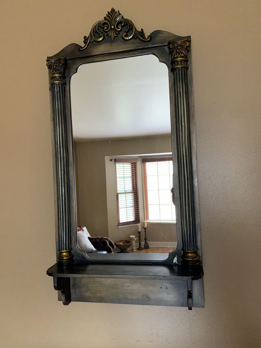 Ornate Decorative Wall Mirror with Shelf - Greco-Roman Style, Antique Gold Finish