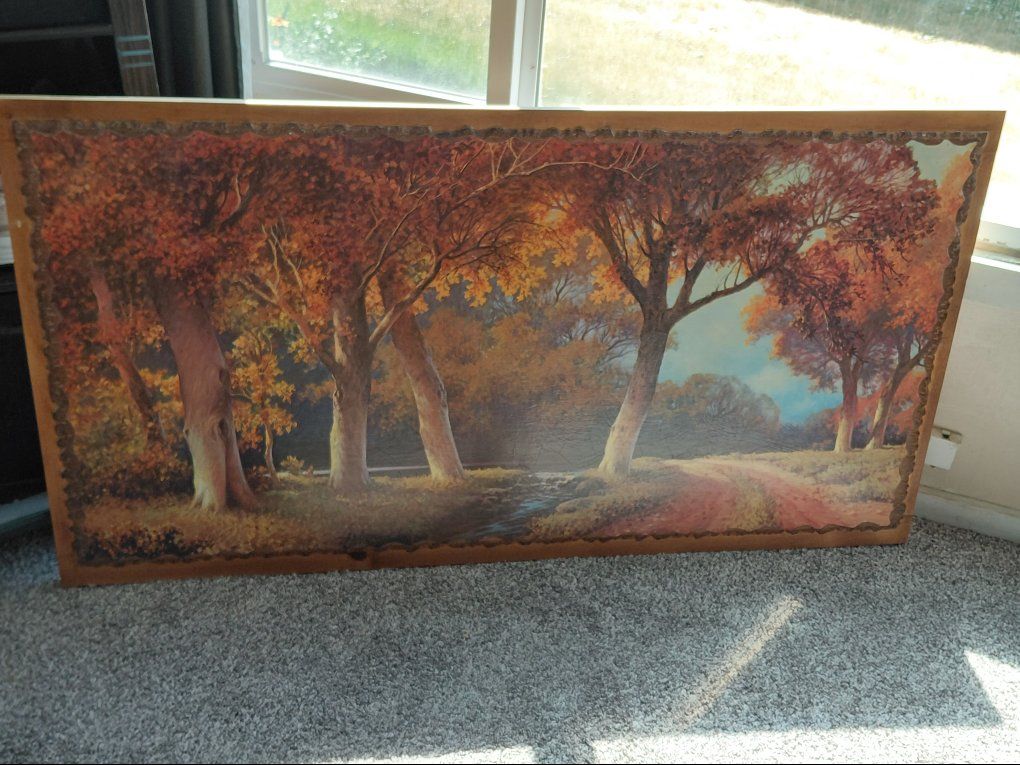 Vintage Autumn Forest Landscape Print on Wood Frame Wall Art