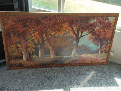 Vintage Autumn Forest Landscape Print on Wood Frame Wall Art